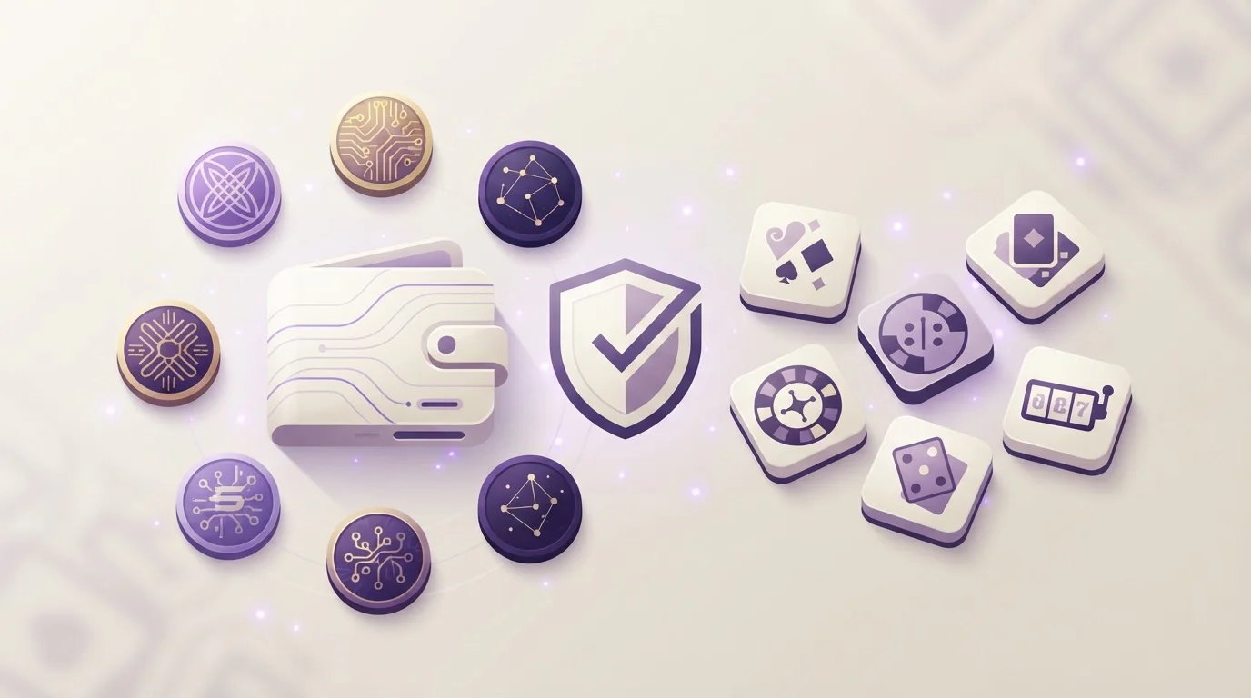 Abstract cryptocurrency wallet and casino game tiles arranged around a verification symbol