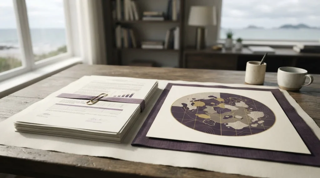Regulatory documents beside an island-jurisdiction map motif