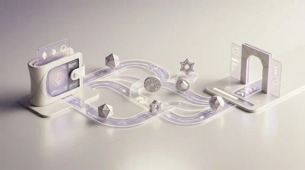 Seven crypto assets moving between a wallet and casino payment flow