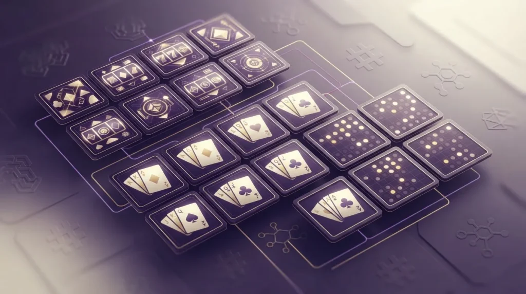 Abstract casino game tiles representing slots, video poker and keno in a compact proprietary library